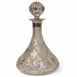 Late 20th century silver mounter cut glass ships decanter, hallmarked, H28cm