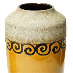 Large West German square section mid-century vase decorated in cream with roundels H49cm and two cylindrical West German vases (3)