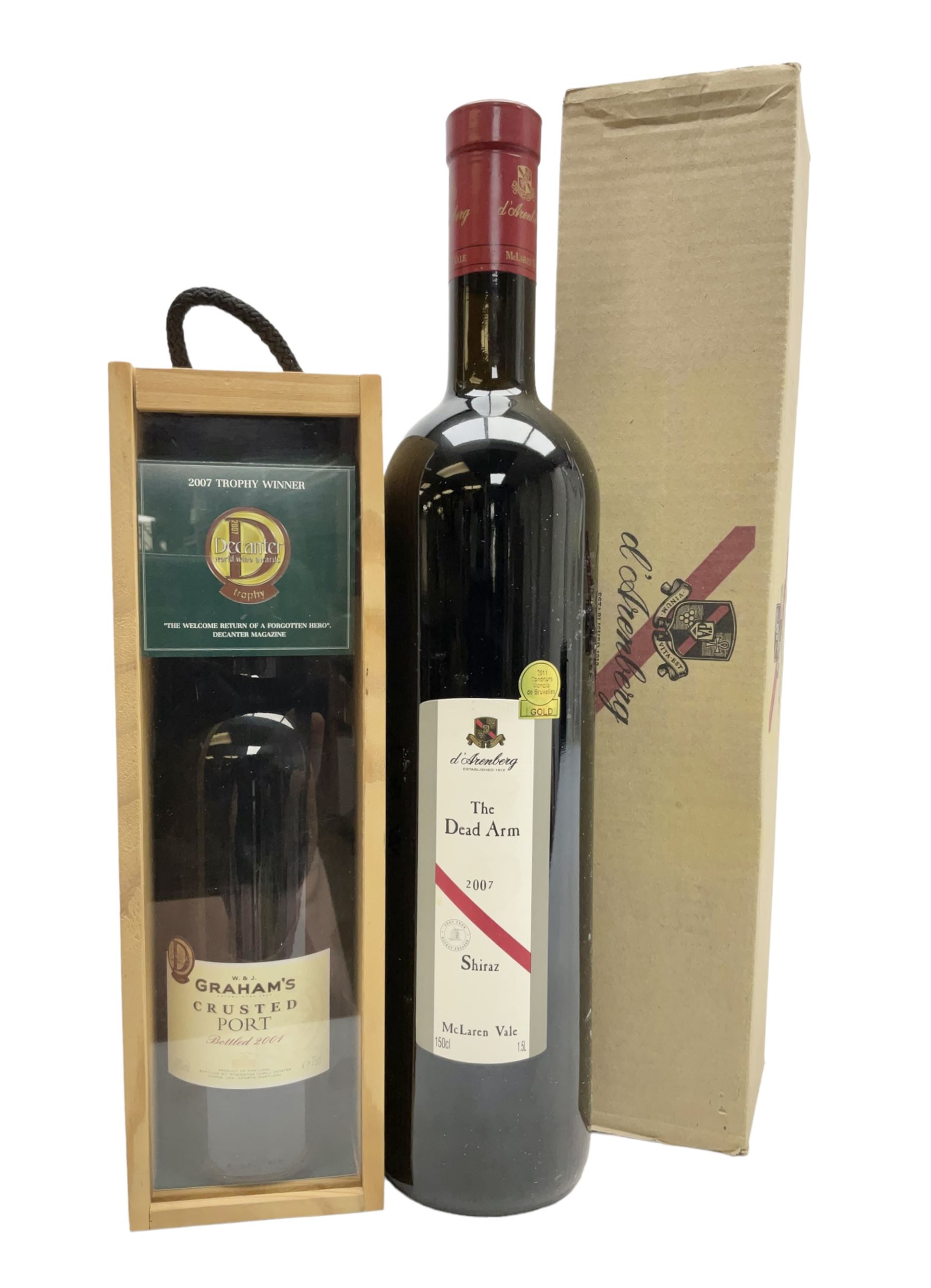 D`Arenburg 2007 The dead Arm Shiraz, 1.5 litre, 14%, together with Grahams 2001 crusted port, 75cl, 20%, both boxed 