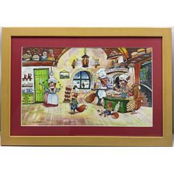 English Cartoon School (20th Century): Anthropomorphic Novelty Scenes, five watercolours three signed 'Van Hagan' and two signed 'Teri', max 20cm x 50cm (5)