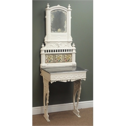  Late 19th century cast iron hall stand, raised mirror and tiled back, marble top, ornate supports on sledge feet, W59cm, H173cm, D48cm  