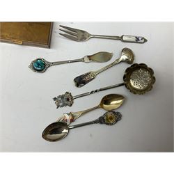 Four hallmarked silver thimbles, WWI soldiers pocket active service testament 1916, souvenir spoons, frames, four pairs of candlesticks to include wood and brass examples, brass mounted spirit level etc