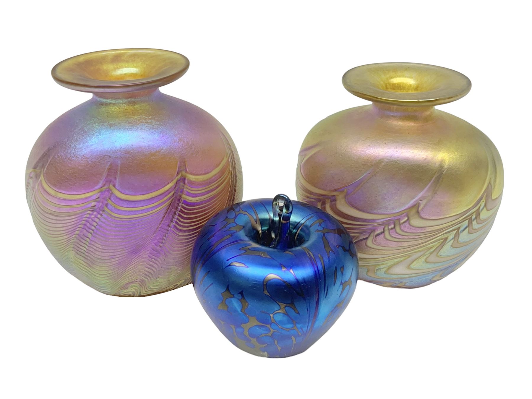 Two Robert Held glass vases, together with Adrian Sankey apple paperweight, vases H10cm 