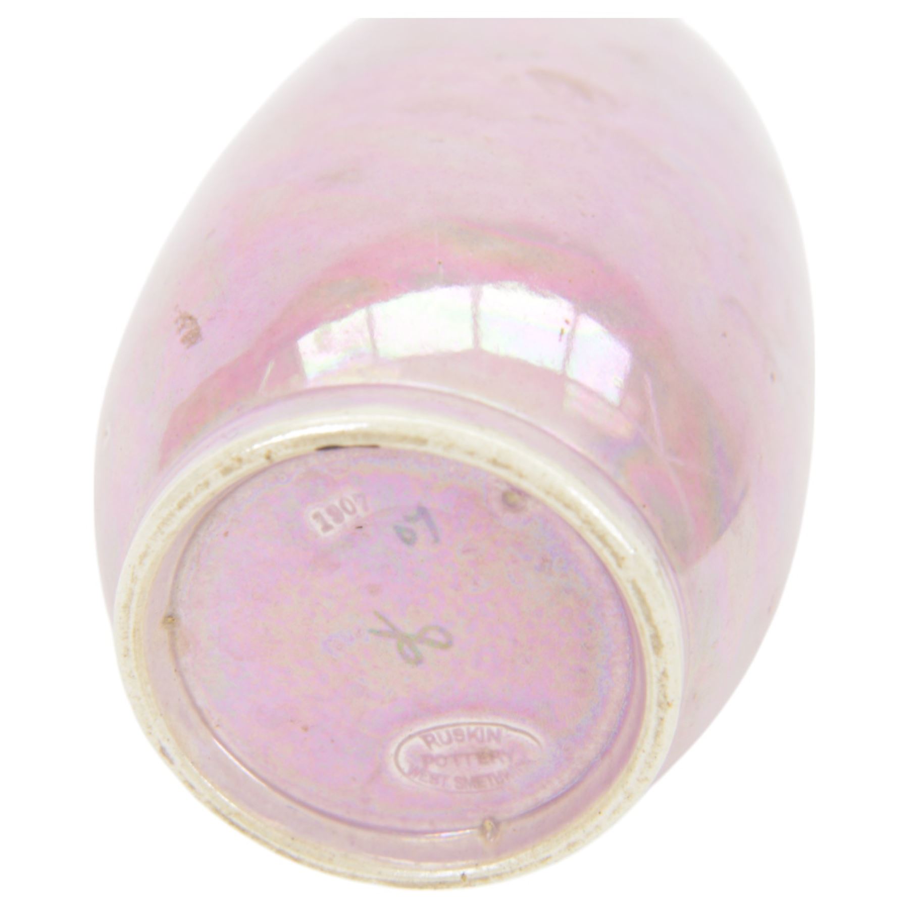 Ruskin Pottery vase, of baluster form, with blue vine decoration upon a pale pink lustre ground, with impressed mark beneath, H19cm