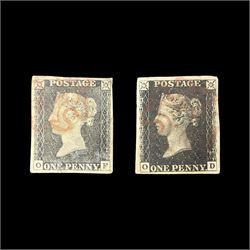 Two Great Britain Queen Victoria penny black stamps, both with red MX cancels