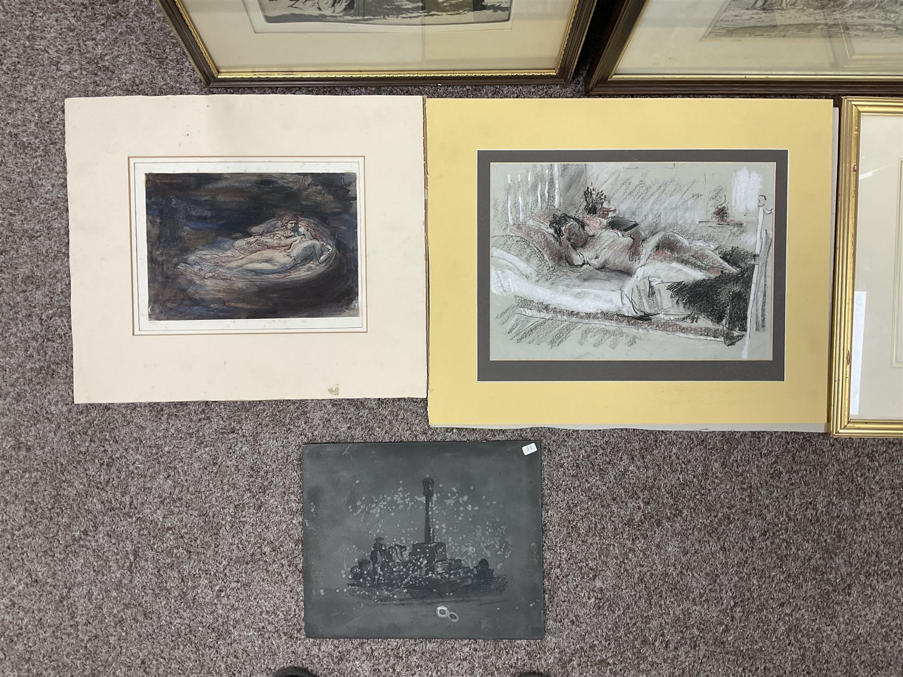 Collection of 19th/20th Century pencil drawings, mixed medias, etchings and prints, to include After Valentin Lefebre (Flemish 1637–1677): 'Landscape with Flute Playing Shepherd' and After Claude Gillot (French 1673-1722): 'Repas Distingue', variously signed titled and framed max 31cm x 43cm (9)