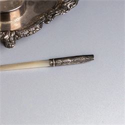 Victorian silver inkwell stand, with silver topped inkwell, hallmarked Lawrence Emanuel, Birmingham 1893, together with a mother of pearl dip pen with silver collar and two silver topped jars, one with guilloche enamel decoration, all hallmarked