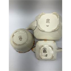 Two Royal Crown Derby pattern Imari soup bowls, pattern 2451, Belleek Fermanagh Ireland four piece set in green shamrock pattern, Royal Doulton small lady figure, Marie HN1370, large Wedgwood fruit bowl, Sylvac jardiniere in autumn leaves pattern, five pieces Co-operative Society commemorative ceramics, with selection of other ceramics. 