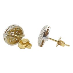 Pair of gold pave set diamond cluster round stud earrings, stamped 14K