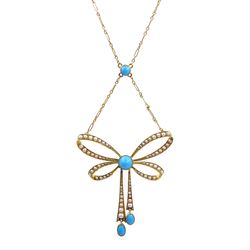Edwardian 15ct gold turquoise and seed pearl pendant bow necklace, stamped