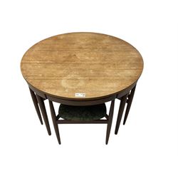 Hans Olsen for Frem Røjle - mid-20th century Danish teak 'Roundette' dining set, comprising a circular dining table raised on four tapering supports, paired with four matching chairs, each with a triangular seat upholstered in floral patterned fabric and raised on three tapering supports