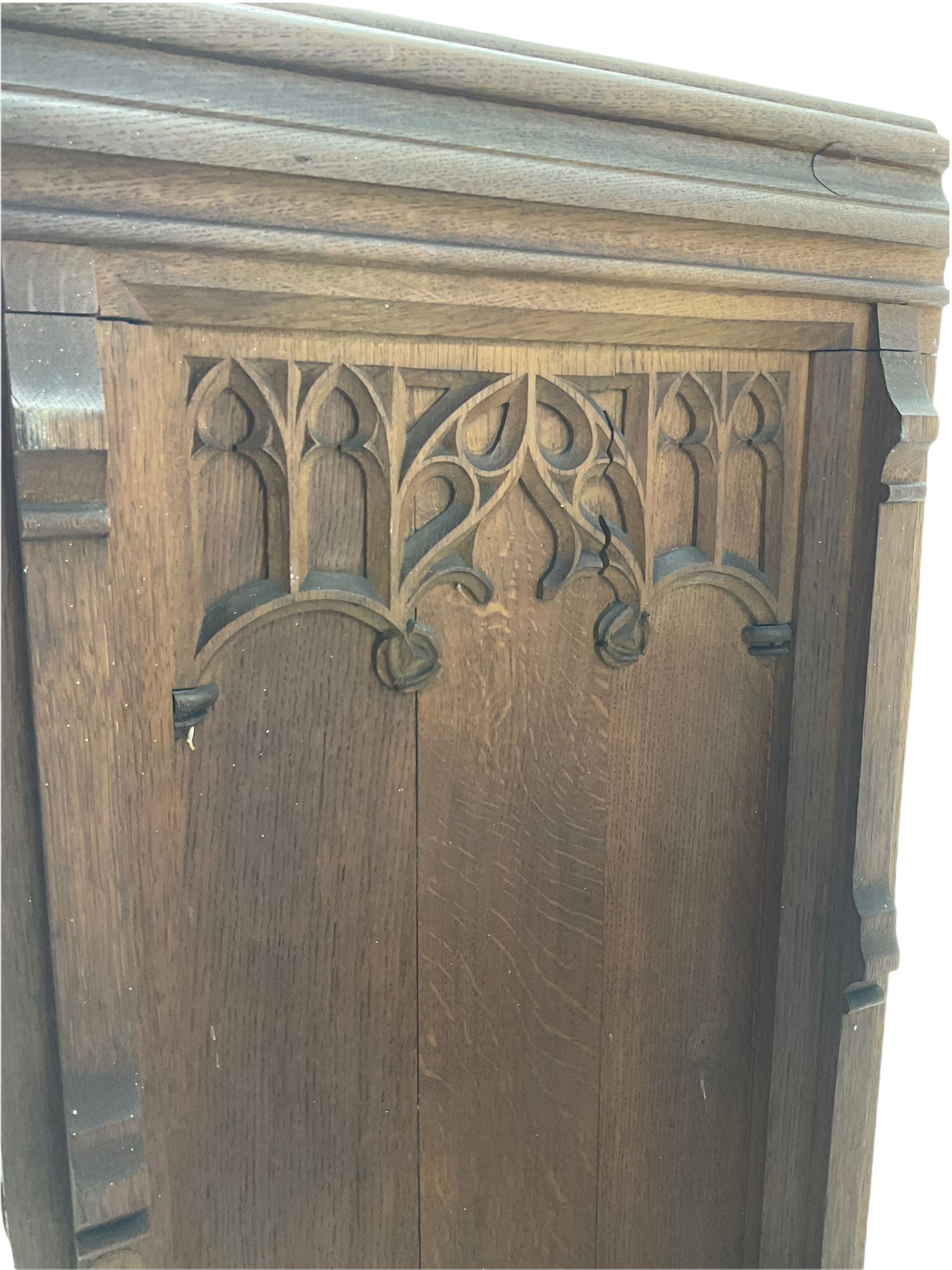 Victorian solid oak pew, panelled design, carved Gothic ends