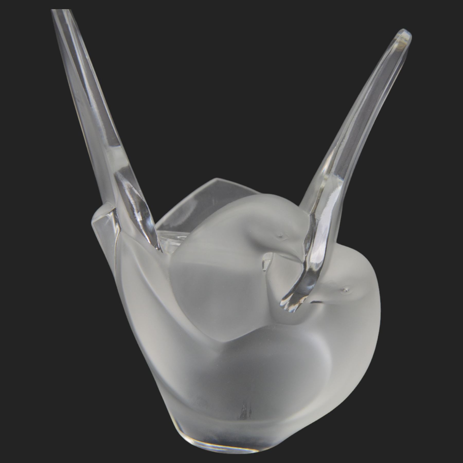 Lalique vase, modelled as two entwined doves, with a removable glass flower frog to the centre, signed to base, H22cm 