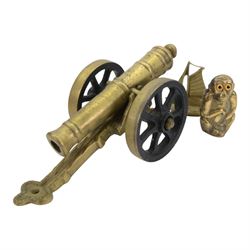 Collection of brassware, including money box in the form of a post box, cannon, jardiniere etc  