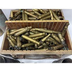 Large collection of shell and bullet casings, including a trench art example, together with a metal cartage case and wooden case