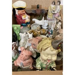 Assorted figures, to include two NatWest pig money boxes, continental and bisque figures, etc., in one box 