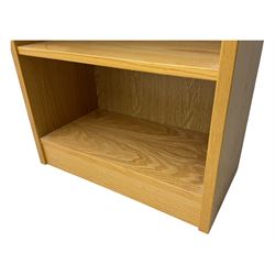 Light oak 6' open bookcase, five adjustable shelves