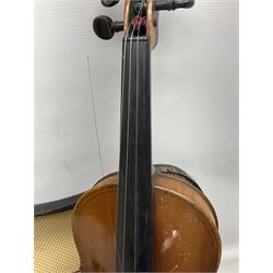 German copy of a Maggini violin c1900 with 35.5cm two-piece maple back and ribs and spruce top, bears label 'Maggini Deutsche Arbeit 1866' L59cm; in carrying case with bow