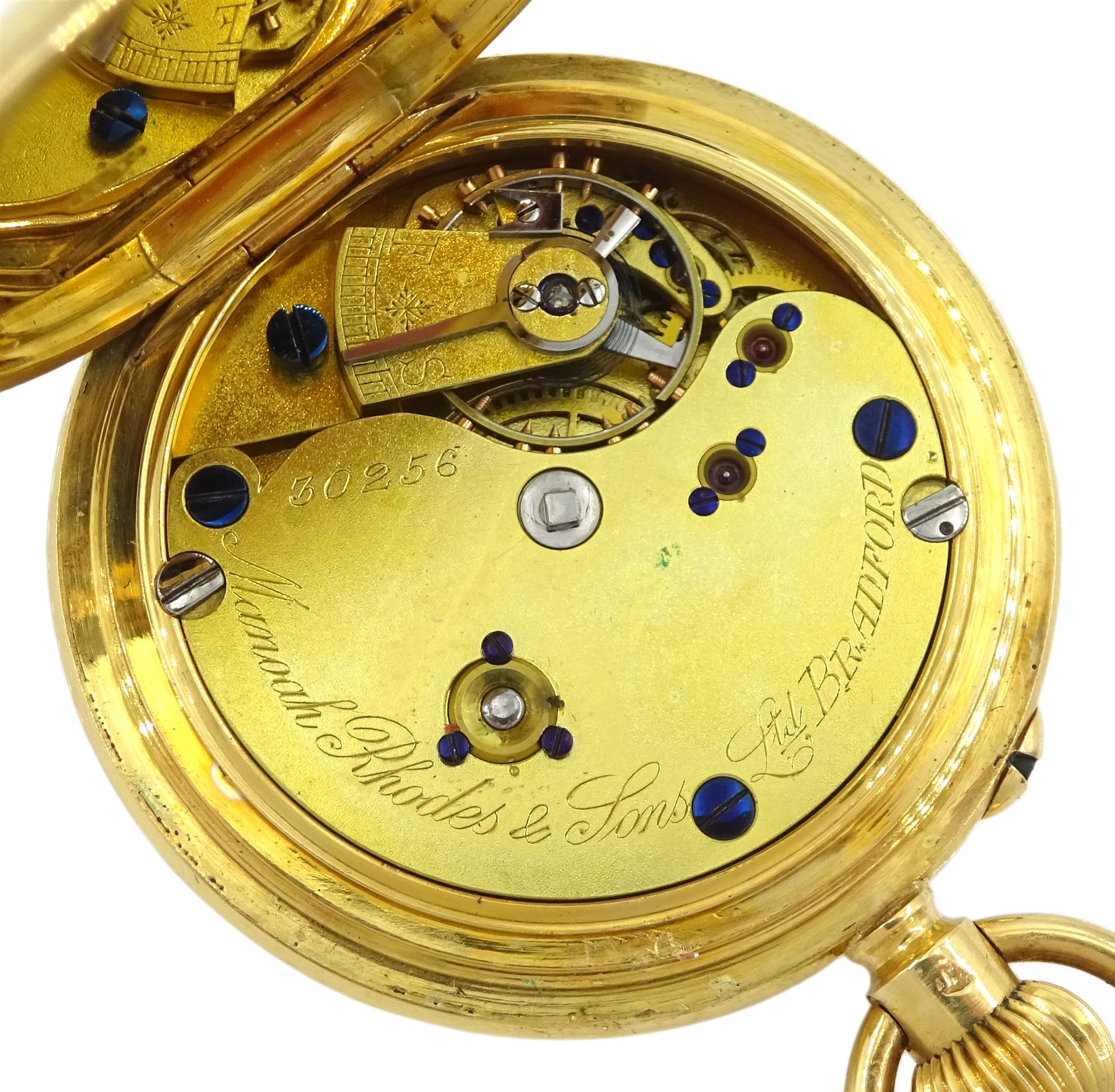 Edwardian 18ct gold half hunter keyless lever fob watch by Manoah Rhodes & Sons Ltd, No. 30256, white enamel dial with Roman numerals, back case engraved with monogrammed initials, case makers mark G B, London 1903, in fitted velvet and silk lined case