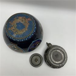 Chinese black stoneware tea pot of flattened circular form with pewter mounts including dragons chasing the flaming pearl, the dished lid with inset coin and double swing handle, numerous character marks to base, L19cm; and a damaged Chinese cloisonne jardiniere (2)
