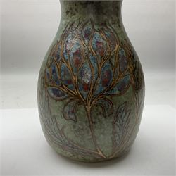 John Egerton (c1945-): studio pottery stoneware vase, decorated with artichoke hearts upon a mottled blue ground, H21cm