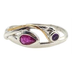 Silver and 14ct gold wire ruby and amethyst ring, stamped 925 