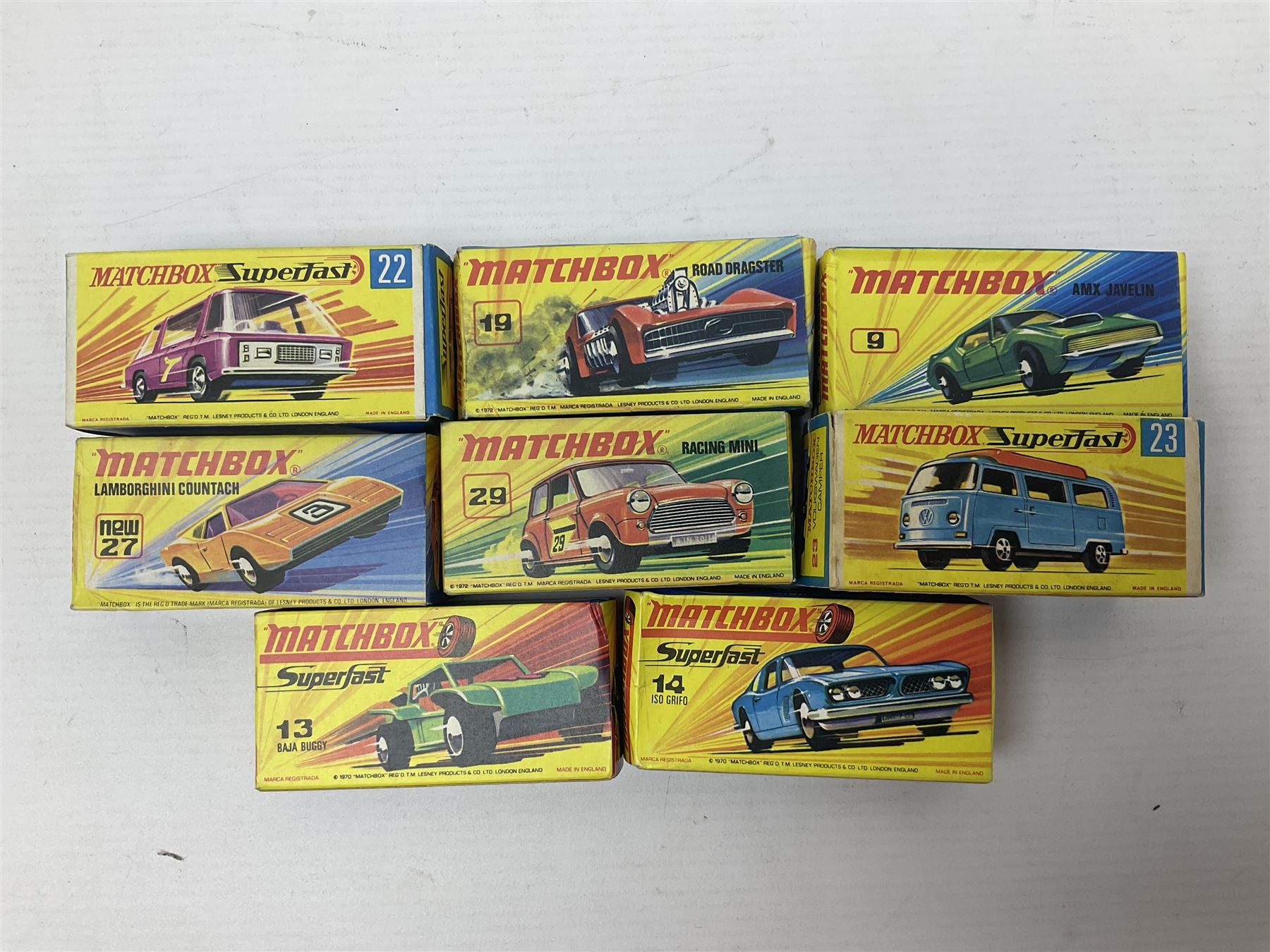 Matchbox 1-75 Series 'Superfast' ex-shop stock - eight models comprising 9e AMX Javelin, 13e Baja Buggy, 14d Iso Grifo, 19e Road Dragster, 22d Freeman Intercity Commuter, 23e Volkswagen Camper, 27e Lamborghini Countach and 29d Racing Mini; all boxed (8)