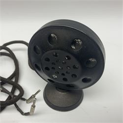 Early 20th century National Co. ‘Microphone Dancing Sam’ battery operated American toy; comprising black wooden dancing figure with articulated limbs and mouth, hooked onto a metal lamp post attached to the battery operated speaker base, with original microphone, H31cm 