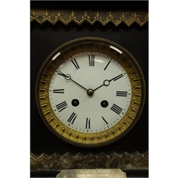  Victorian black slate and grey marble mantel clock, with engraved and gilt decoration and presentation plaque, white enamel Roman dial, twin train movement striking the hours and half and bell, H30cm  