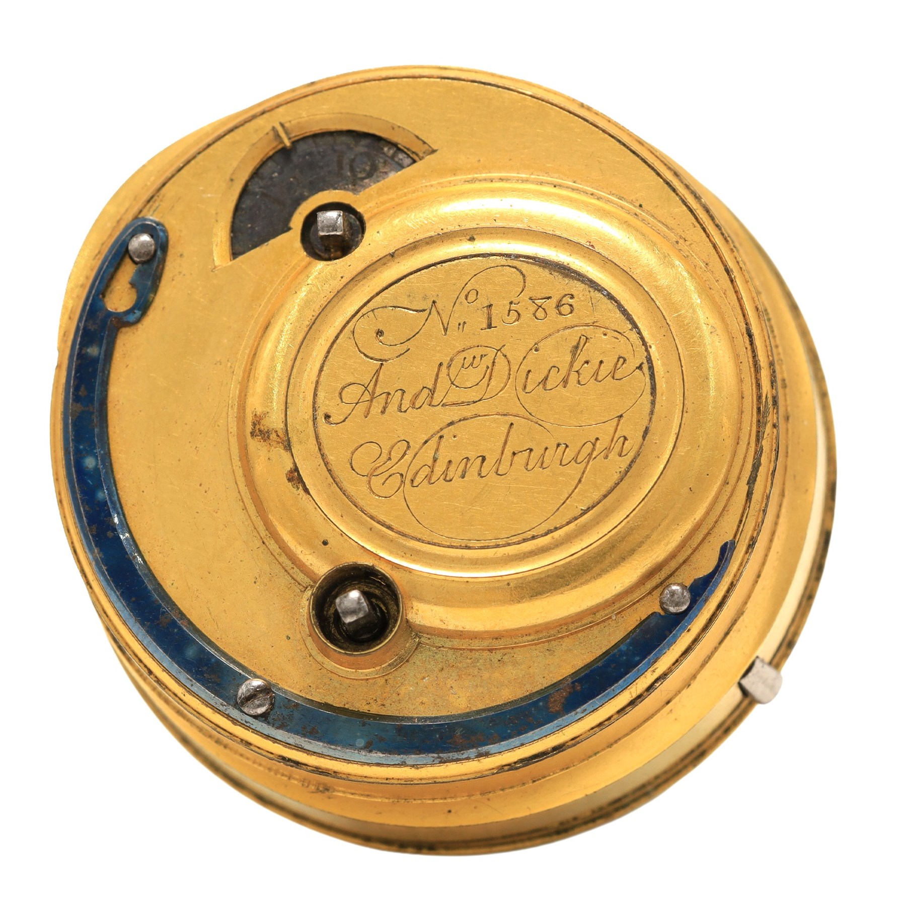 18th century verge fusee pocket watch movement by Andrew Dickie, Edinburgh, No. 1586, square baluster pillars, pierced and engraved balance cock decorated with a mask and diamond endstone, white enamel dial with Roman hours and outer Arabic minute ring with beetle and poker hands