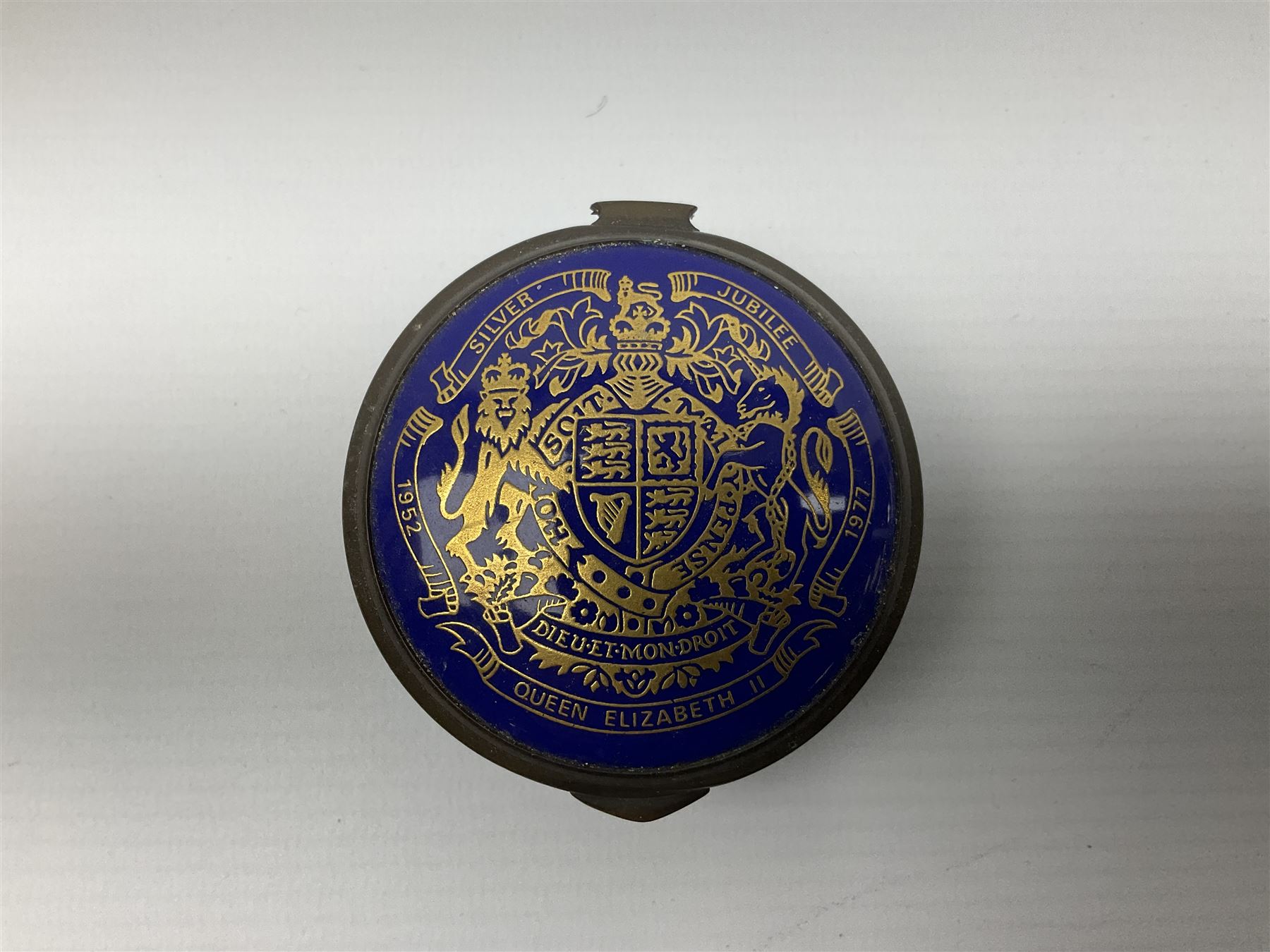 Cylindrical music box with domed lid depicting the Music Room at Buckingham Palace and playing Mozart's 'Voi Che Sapete', limited edition 187 of 250, boxed, together with enamel box for the silver jubilee and a victorian paperweight of Scarbrough  