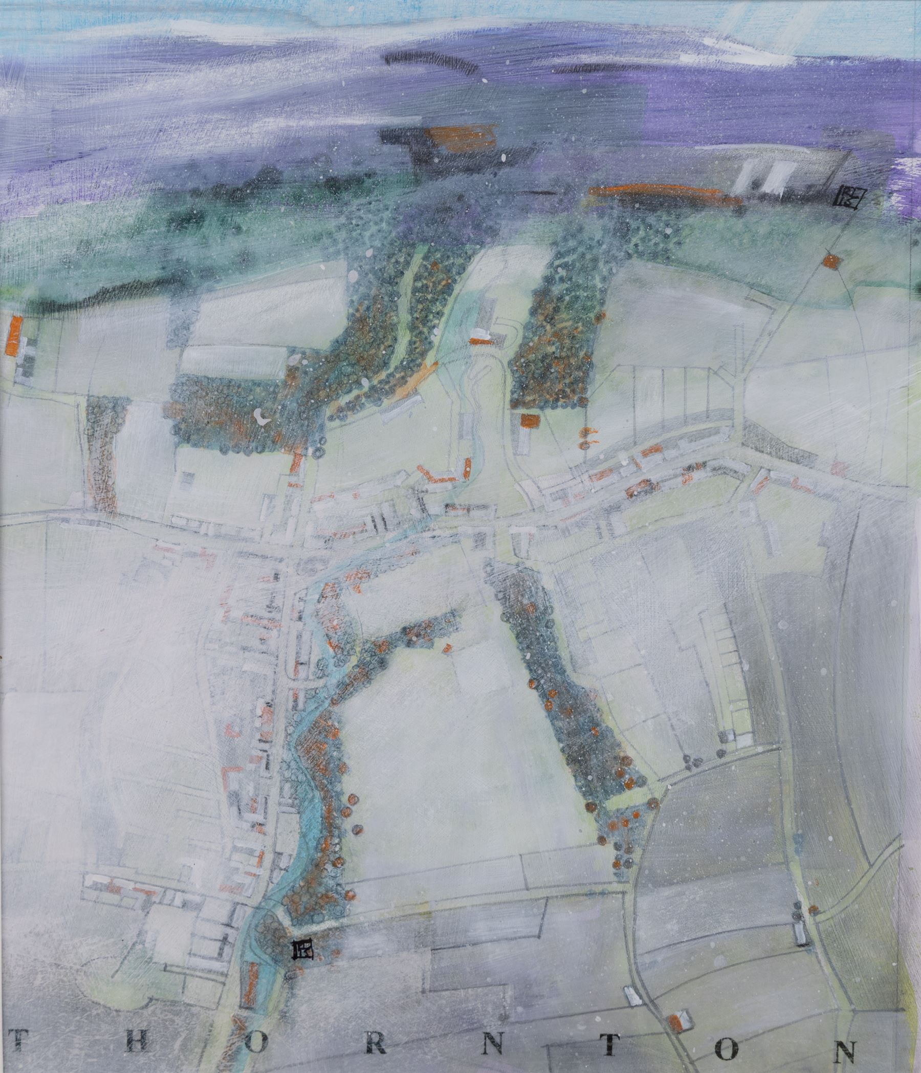 Russell Lumb (British 1946-): 'Thornton', mixed media semi-abstract map of Thornton-le-Dale titled, signed with monogram and dated '15, artist's address label verso 34cm x 29cm