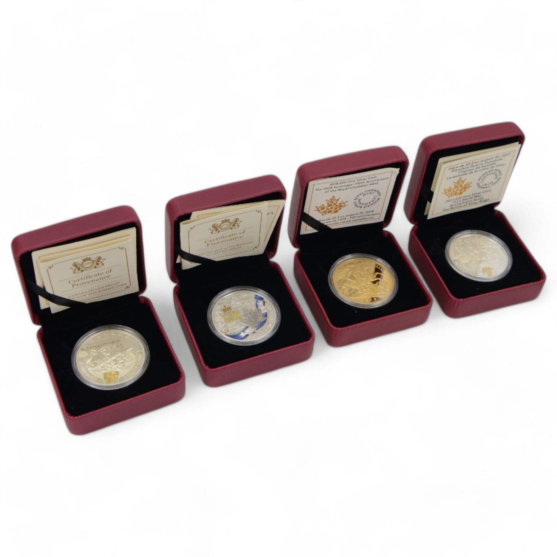 Four Royal Canadian Mint fine silver twenty dollar coins, comprising 2016 '1916 The Somme Offensive', 2016 'A Celebration of Her Majesty's 90th Birthday', 2017 '1917 The Battle of Vimy Ridge' and 2018 'The 1908 Sovereign 110th Anniversary of the Royal Canadian Mint', all cased with certificates