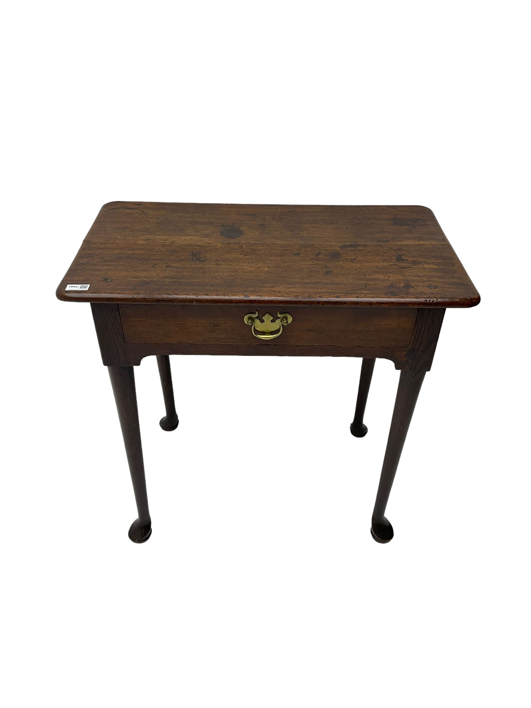 George III oak low boy, fitted with single drawer, raised on tapered supports with pad feet