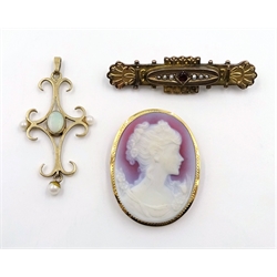  Gold opal and pearl pendant stamped 9ct, 18ct gold cameo pendant brooch, stamped 750 and gold seed pearl and stone set mourning brooch, hallmarked 9ct   