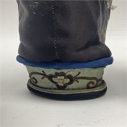 Pair of Chinese silk embroidered lotus shoes, for bound feet, a blue ground with floral detailing L15cm