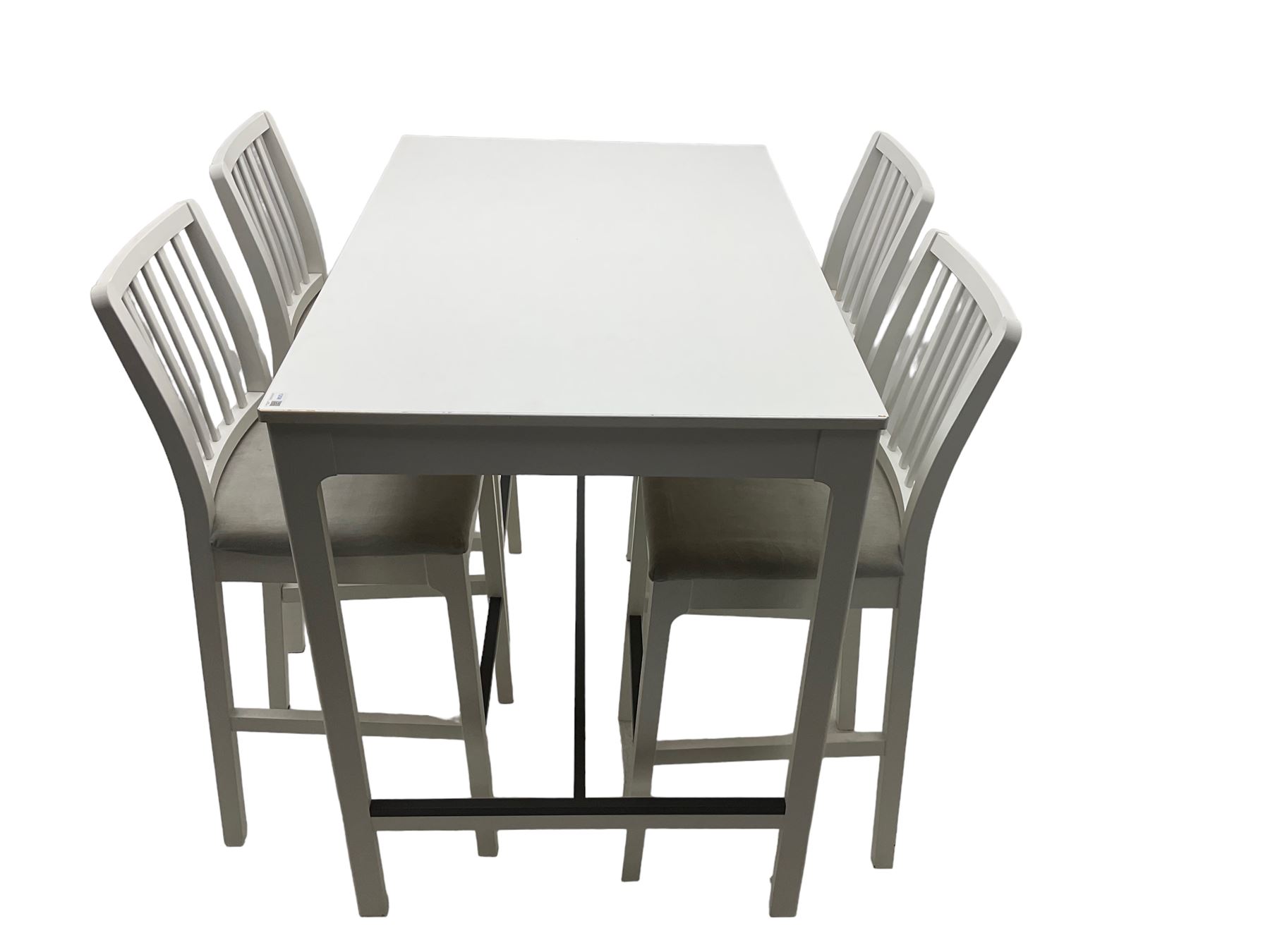 IKEA - 'Ekedalen' bistro set, rectangular table raised on chamfered supports (W121cm D80cm H106cm); and set four bar stools, stick back, in white finish