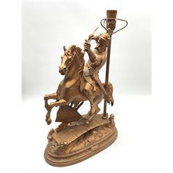 A table lamp modelled as a knight upon horseback, the base titled 'The Norman', with copper coloured finish, overall H52cm.
