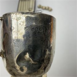 Set of six silver plated cocktail sticks, with acorn finials, hallmarked silver christening cup, silver ring and earrings and a costume jewellery cameo bracelet 