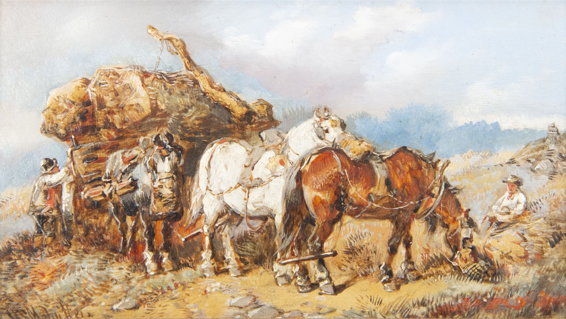 Harden Sidney Melville (British 1824-1894): The Logging Cart, two oils on panel signed, max 13.5cm x 24cm (2)
