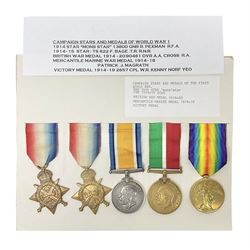 Representative display of five WWI Campaign Stars and Medals to different recipients comprising 1914 'Mons' Star to 13800 Gnr. R. Pexman R.F.A.; 1914-15 Star to TS822 F. Bage T.R. R.N.R.; British War Medal to 90461 Dvr. A.A. Cross R.A.; Mercantile Marine Medal to Patrick J. Magrath; and Victory Medal to 2657 Cpl. W.R. Kenny Norf. Yeo.; all with ribbons (5)