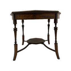Edwardian inlaid walnut octagonal centre table, on turned pillars terminating at square tapering splayed feet, joined by undertier