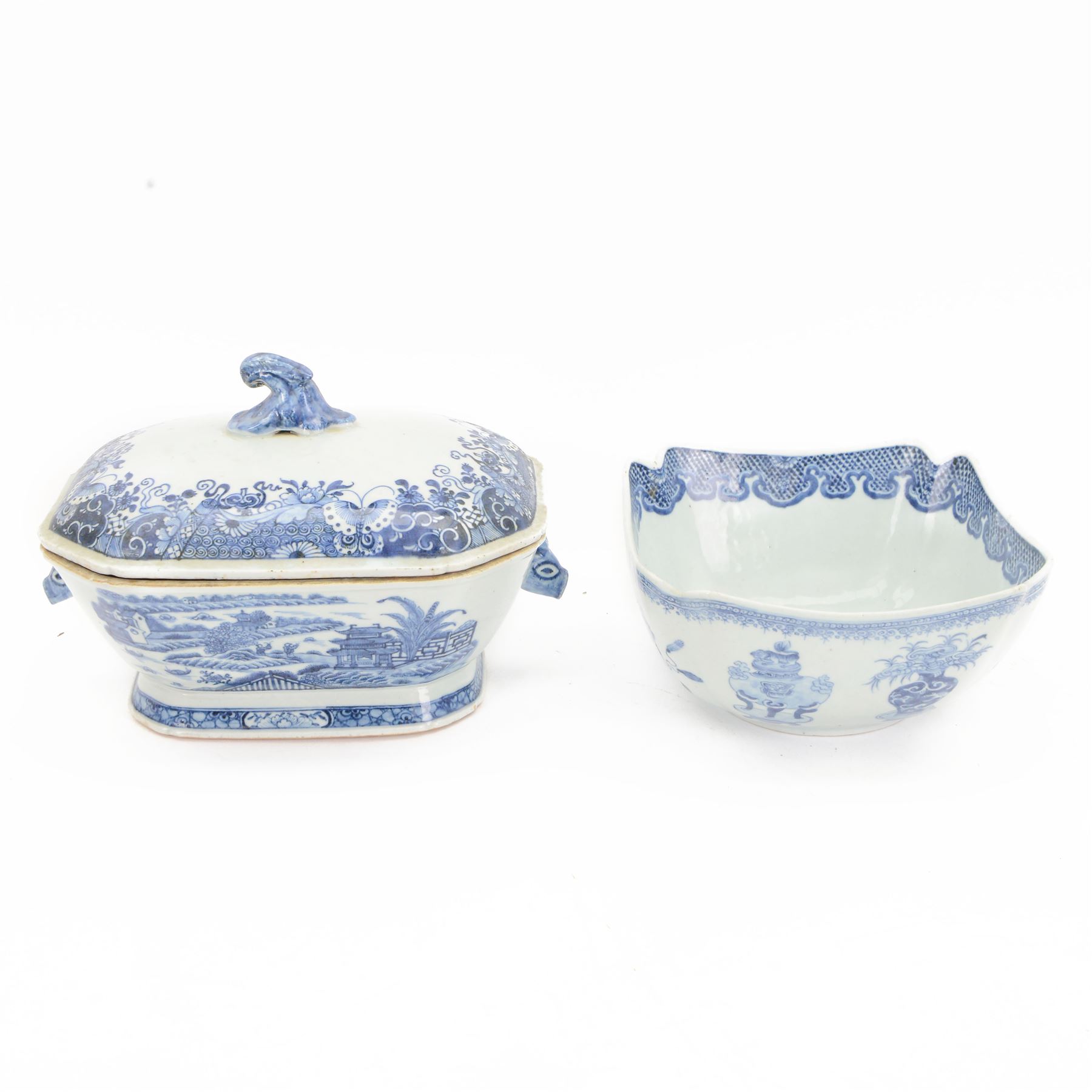 Late 18th/early 19th century Chinese export blue and white porcelain tureen and cover, of oblong form with short foot and twin animal mask handles, decorated to the sides and cover with a riverside landscape set with pagodas, boats, fence and figures, the cover with curved knop handle decorated with Fitzhugh type border, H22m including handles W35cm, together with a late 18th/early 19th century Chinese export blue and white porcelain bowl, of square form, the interior decorated with a peony spray and thick cell border to the rim, the sides with precious objects beneath a spear head border, H12.5cm W24cm