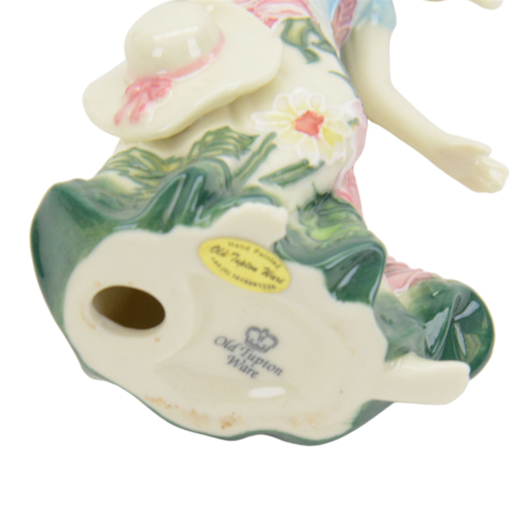 Five Old Tupton Ware figures, comprising two female figures with floral dresses, young girl, fairy and cat, all boxed, tallest H32cm