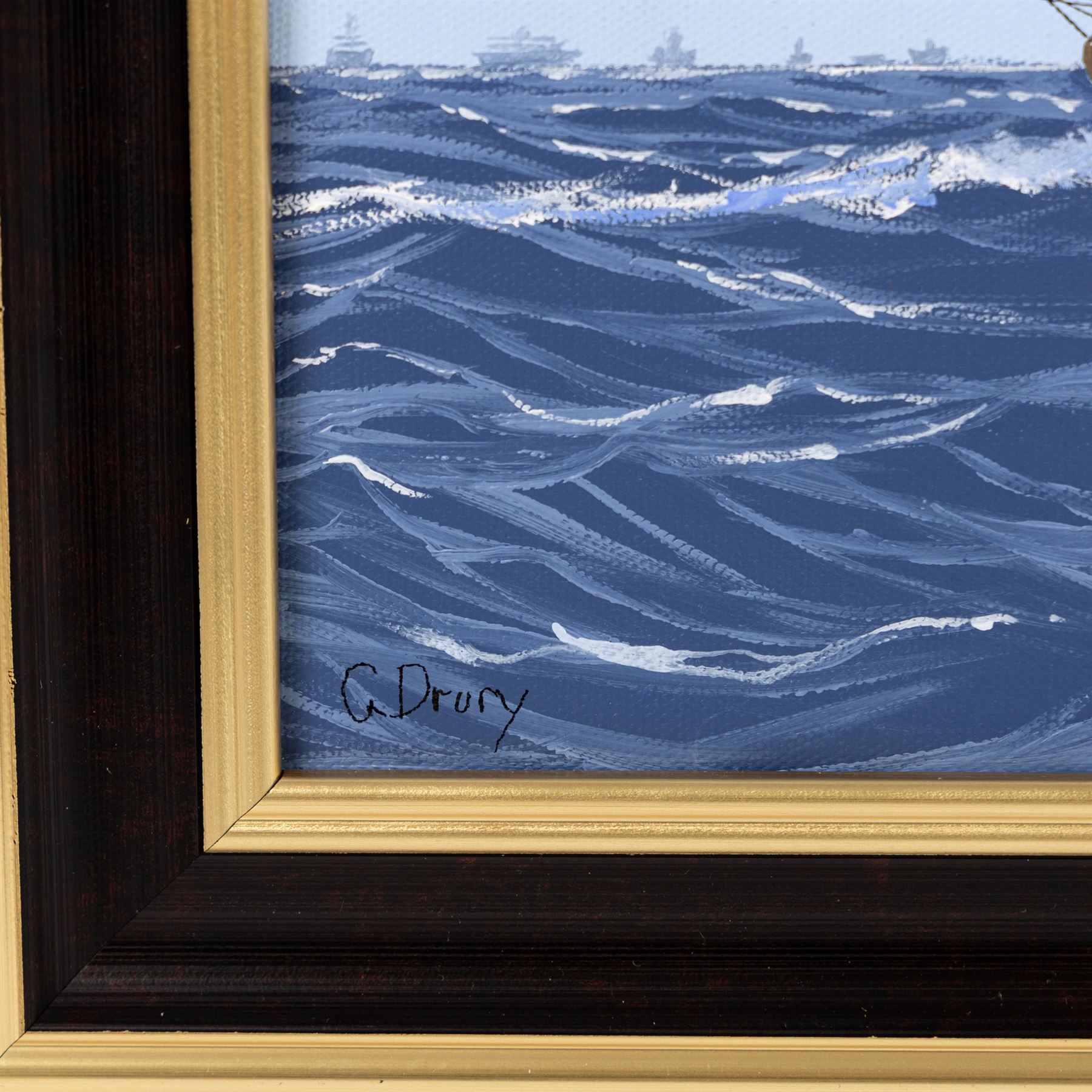 George Drury (British 1950-): 'Shamrock IV and Resolute - Americas Cup 1914', oil on canvas board 38.5cm x 48.5cm