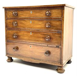19th century  inlaid and cross banded mahogany chest, fitted with four long graduating drawers, raised on turned supports
