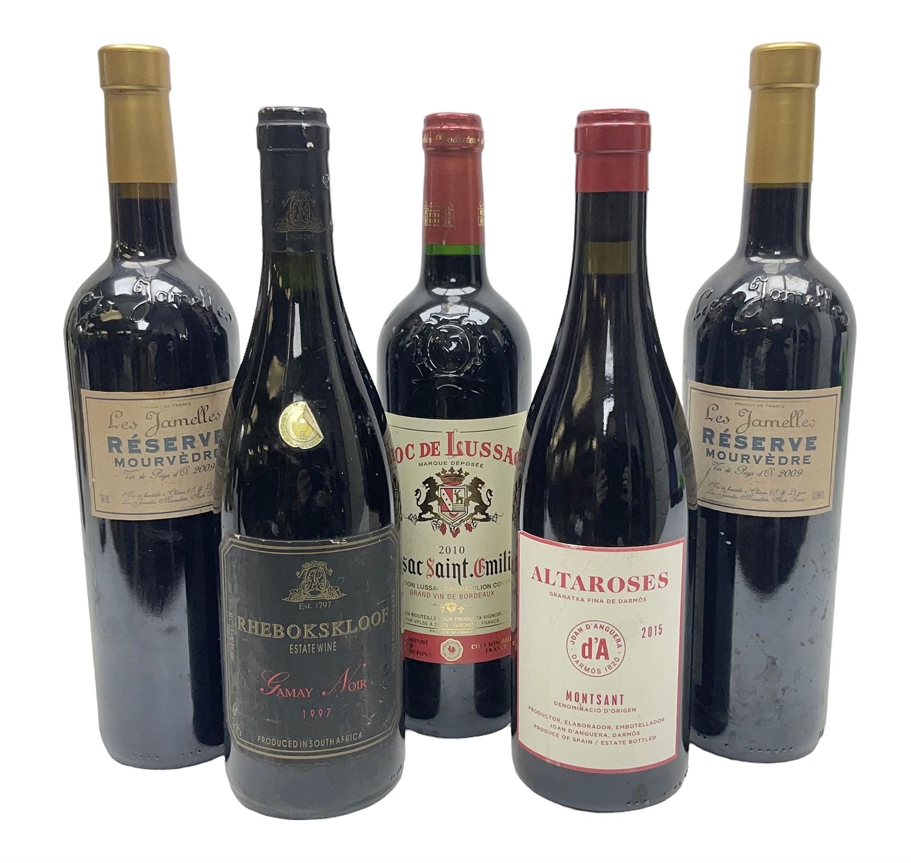 Mixed wine, comprising two bottles Les Jamelles 2009 Reserve Mourvedre, 750ml 13.5% vol, Joan d'Anguera 2015 Altaroses, 75cl 14% vol, Roc de Lussac 2010, Lussac-Saint-Emilion, 750ml, 14% vol and Rhebokskloof, 1997 Gamay Noir, 750ml, 13.5% vol (5)