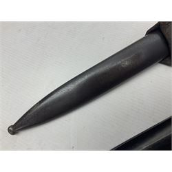 WWII German K98 Mauser bayonet by E. & F. Horster, the 24.5cm fullered blade marked 43aSW for 1943, numerous inspection marks to blade and pommel, bakelite grips and bluing to metal parts; in steel scabbard with corresponding numbers and leather frog L42cm overall