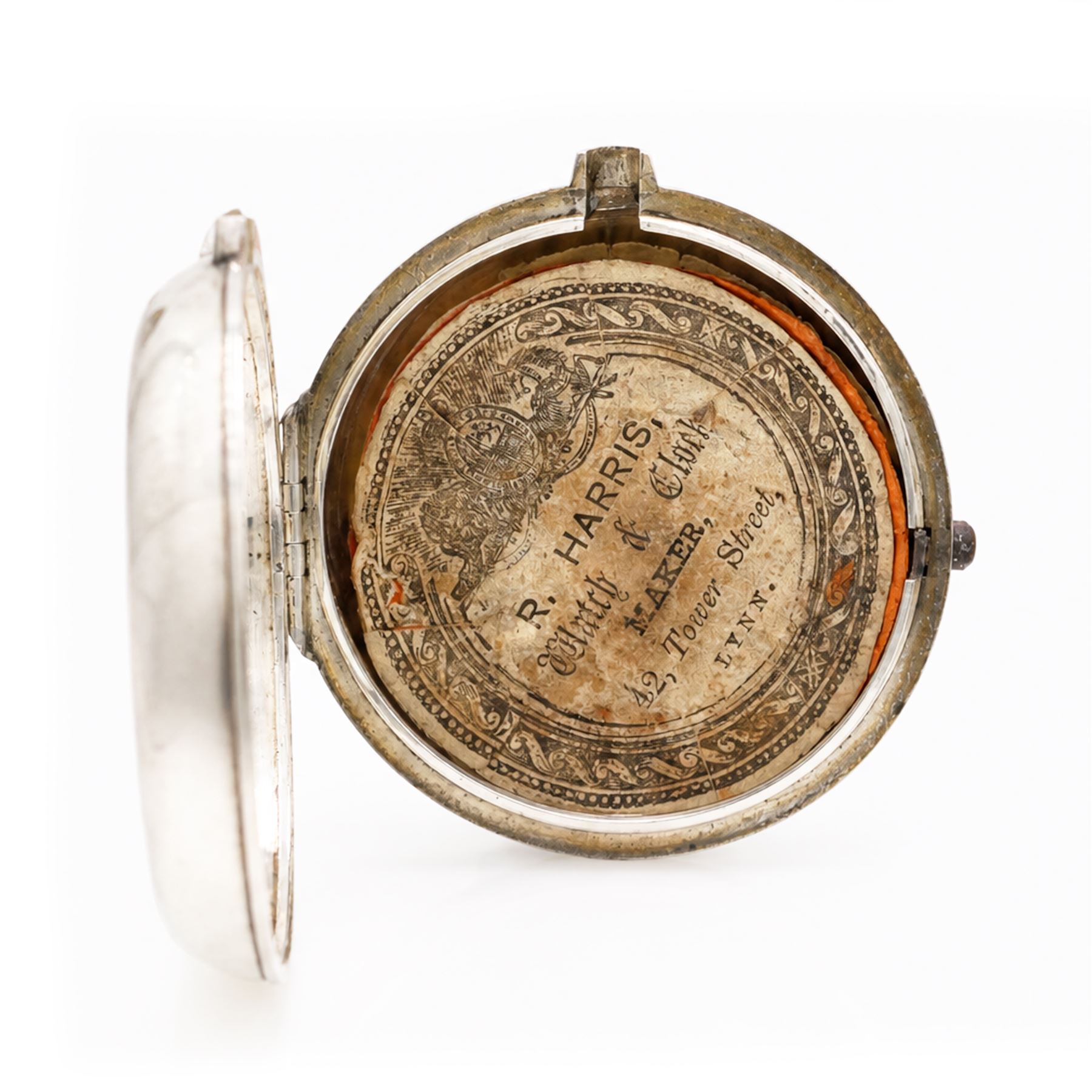 George III silver pair case verge fusee pocket watch by W.C. Tooke, Lynn, No. 23960, pierced and engraved balance cock decorated with a mask, enamel polychrome dial depicting rope makers and personalised 'John Withers' hour markers, case by William Linsley, London 1814