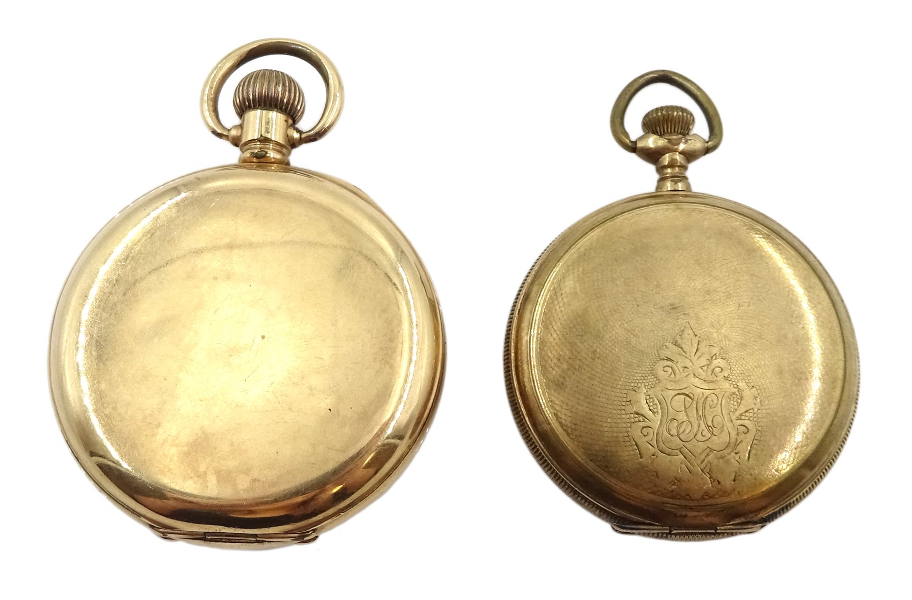 Waltham U.S.A Traveller gold-plated pocket watch, top wind, movement No.18748715, case by Dennison and a Waltham Mass gold-plated full hunter pocket watch No. 1441315, case by Keystone